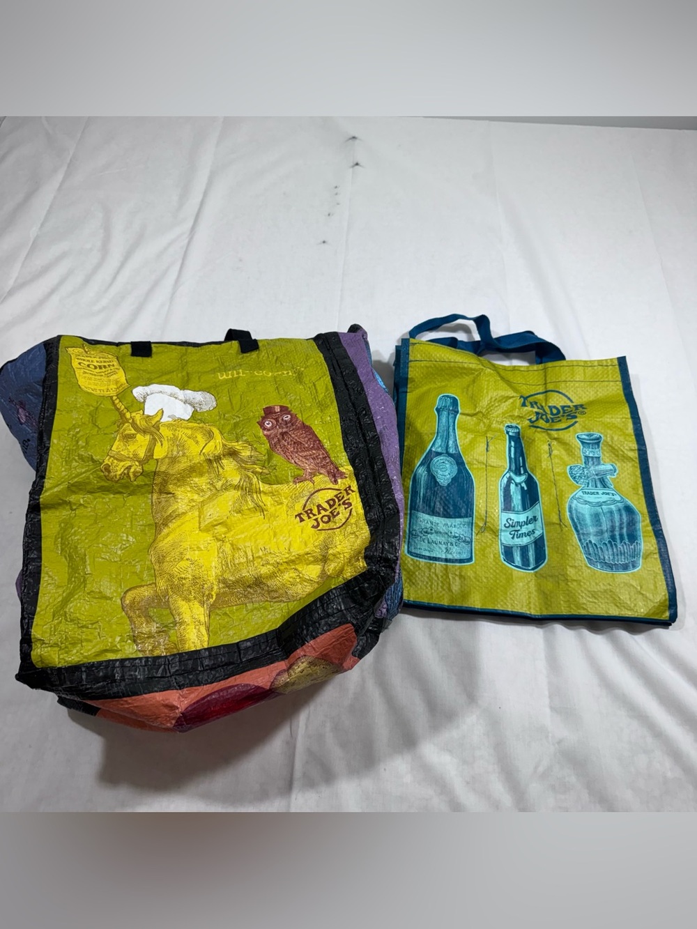 Trader Joe's Reusable Shopping Bag Lot Wine Carrier Bag & Unicorn Tote 2 Piece